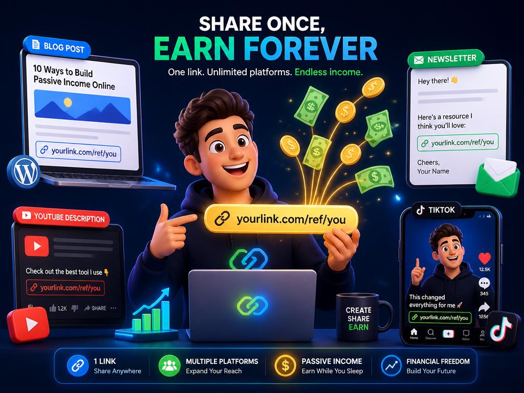 Cartoon creator sharing a golden referral link across blog, YouTube, newsletter and TikTok with money flowing. A visual guide to highest paying affiliate programs that help creators turn website clicks into cash through lifetime referral commissions. Featured on the High Paying Links directory of high value affiliate links, Amazon affiliate storefront links, ClickBank digital product marketplace, and ClickBank affiliate offers offers. Perfect for content creator monetization, influencer income streams, and TikTok creator affiliate revenue looking to earn passive income online. Explore insurance lead referral bonuses, fintech affiliate revenue share, and AI tools affiliate program alongside classic Amazon affiliate storefront links inventory. Every listing is a link farm curation done right focused on partner referral program rewards of $20, $100, and Make Money Online with www.HighPayingLinks.com.