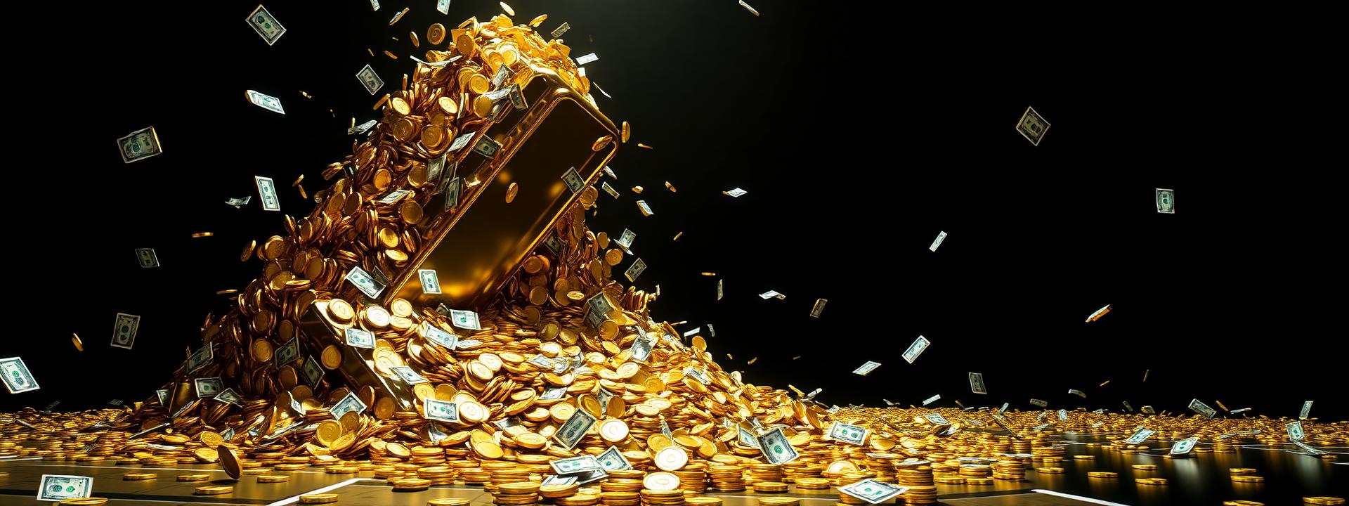 V98 — Giant tilted gold bar mountain, cascading coins and cash — wealth banner wealth-banner-98 (3D Business) illustrating make money online with affiliate links. A visual guide to hand picked affiliate link directory that help creators make money online through partner referral program rewards. Featured on the High Paying Links directory of premium affiliate marketing links, Impact.com partnerships network, CJ Affiliate publisher network, and Rakuten Advertising affiliate deals offers. Perfect for TikTok creator affiliate revenue, YouTube description affiliate links, and Instagram bio link money looking to monetize your website traffic. Explore AI tools affiliate program, e-commerce affiliate storefront, and SaaS affiliate program payouts alongside classic Impact.com partnerships network inventory. Every listing is a one place for every high paying link Make Money Online with www.HighPayingLinks.com.